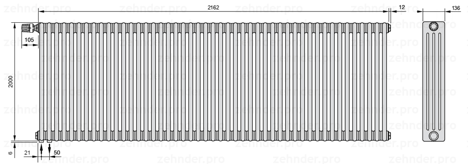 Схема (чертеж) Радиатор Zehnder Charleston 4200/47 №V001 Белый глянцевый RAL 9016
